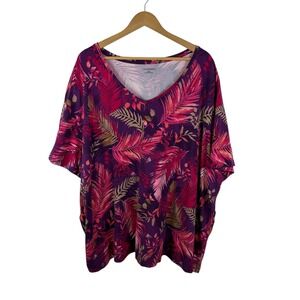 Catherines Floral Leaf Print Top Size 4X Stretch‎ Comfy Tropical Resort Boho